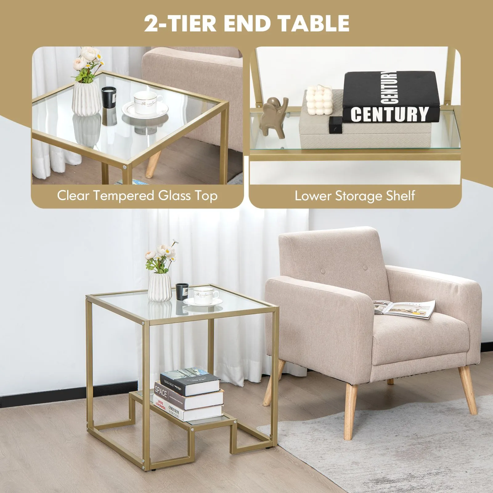 Costway 2-Tier Square Side Table Sofa End Snack Table Nightstand Tempered Glass Tabletop in Gold 4