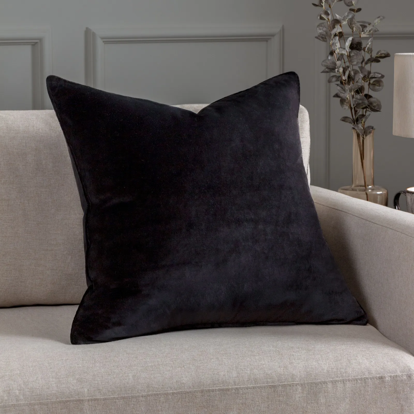 Paoletti Luxe Velvet Piped Cushion in Black
