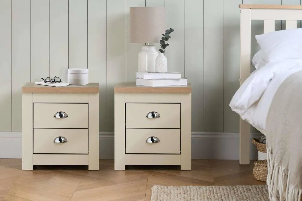 Birlea Pair of Bedside Cabinet Highgate 2 Drawer Chest Farmhouse Style Cream