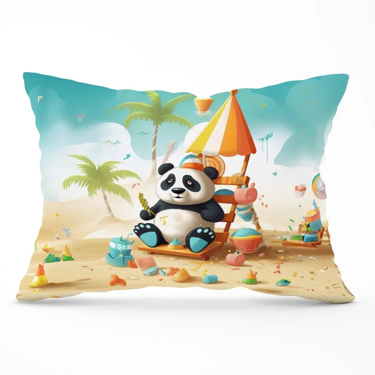 Warren Reed - Designer Happy Panda On A Beach Holiday Cushions in Yellow