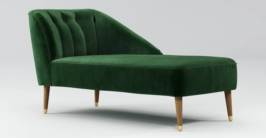Custom MADE Margot Right Hand Facing Chaise, Forrest Green Velvet, Light Wood Brass Leg
