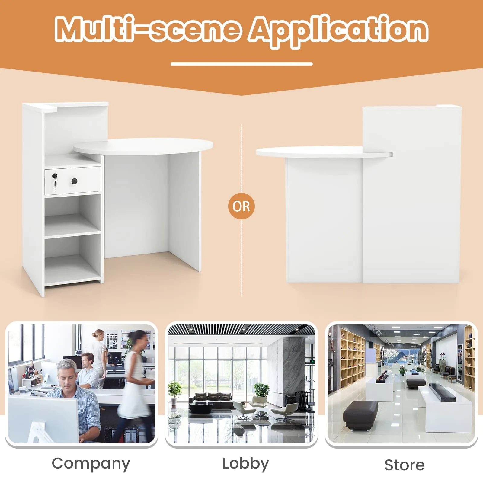 Costway Corner Front Reception Counter Desk with Lockable Drawer in White 4
