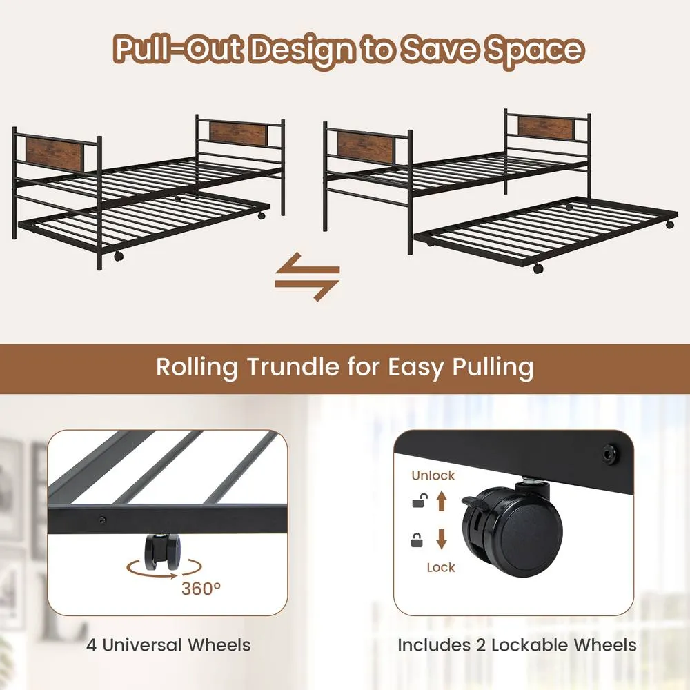 Costway Single Metal Daybed Sofa Bed Dual-use Guest Bed W/ Pull-out Trundle Space Saving in Brown 5