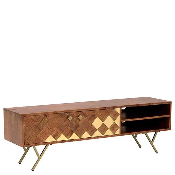 Bibi Acacia And Brass Patterned TV Unit - W140 x D35 x H45cm - Barker & Stonehouse