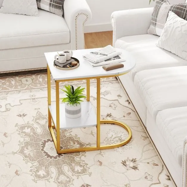 Costway C-shaped End Table Modern Sofa Side Table with Storage Shelf in White 4