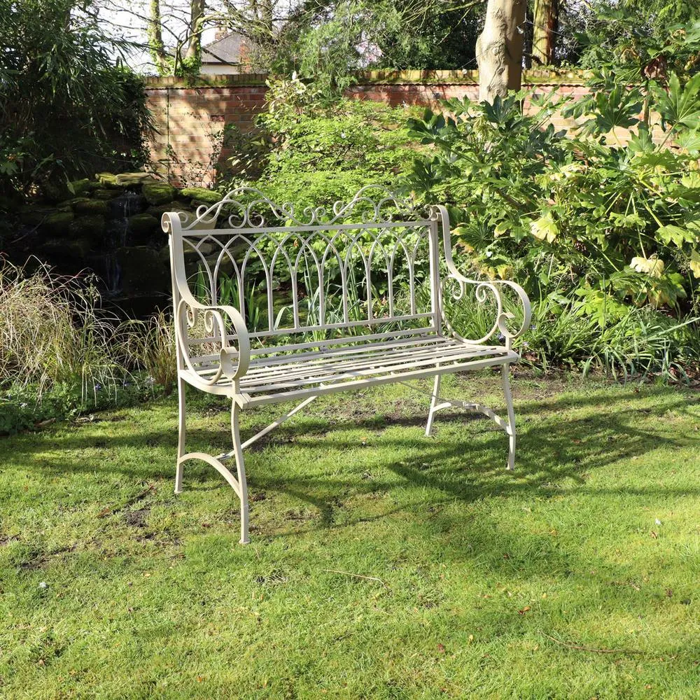 Melody Maison Rustic Cream Vintage Metal Garden Bench in Silver 6