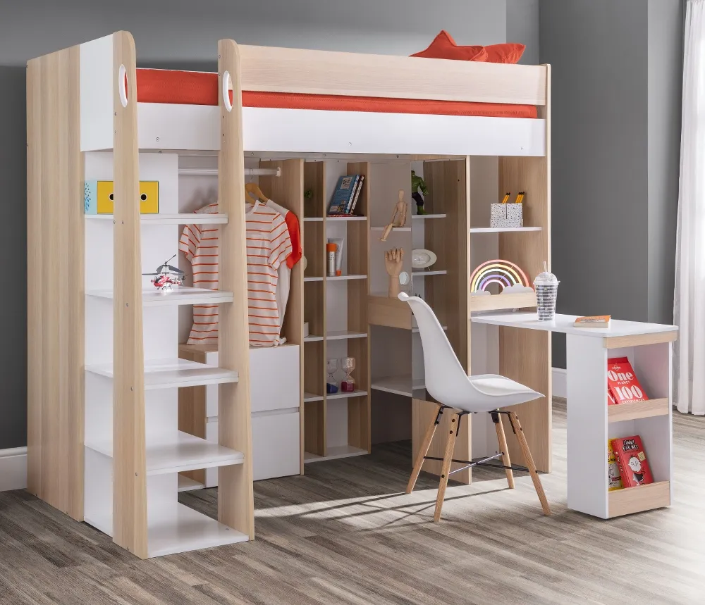 Aurora Oak and White Wooden High Sleeper Frame - 3ft Single