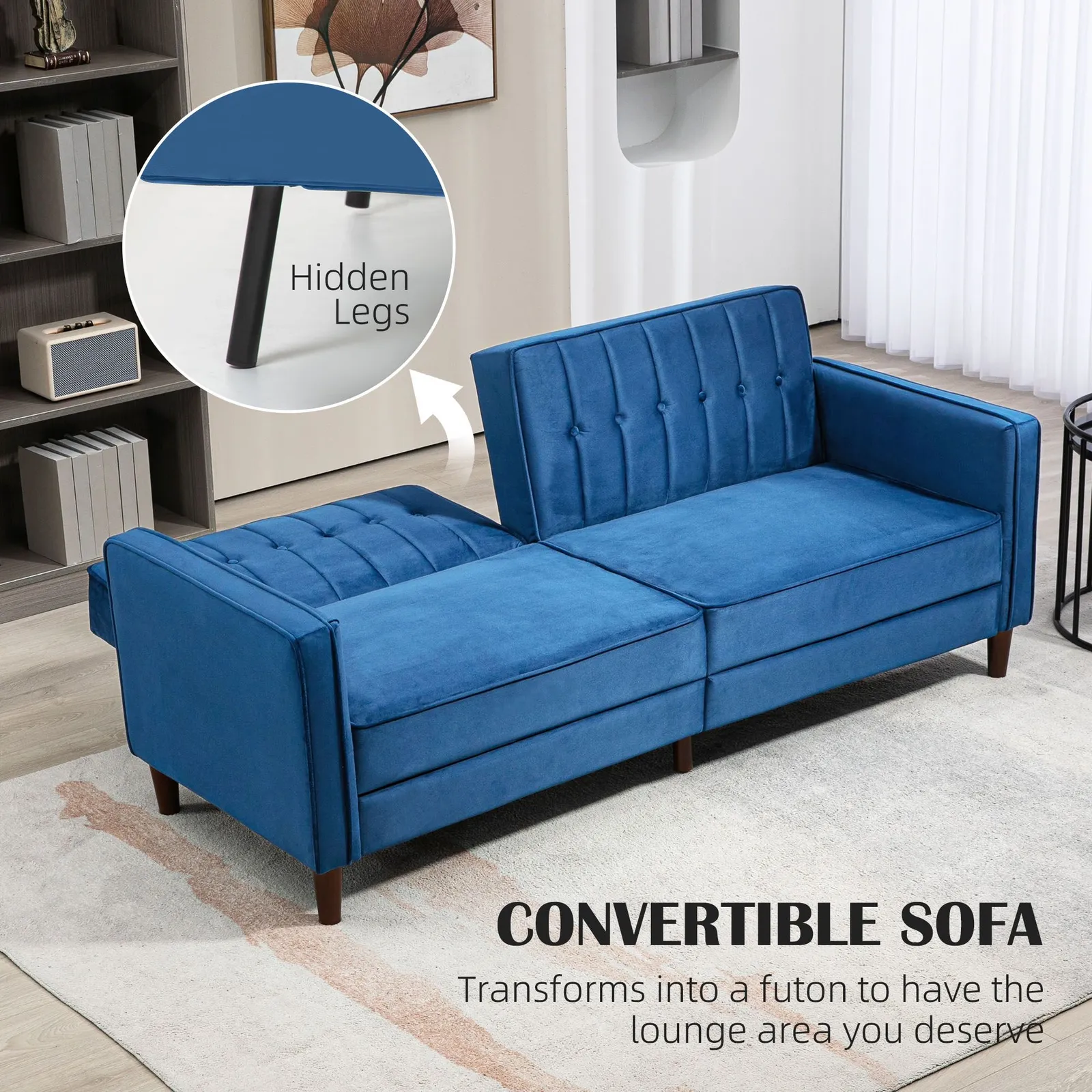 HOMCOM Convertible Sofa Futon Velvet-Touch Tufted Couch Sofa Bed Split Back in Blue 4