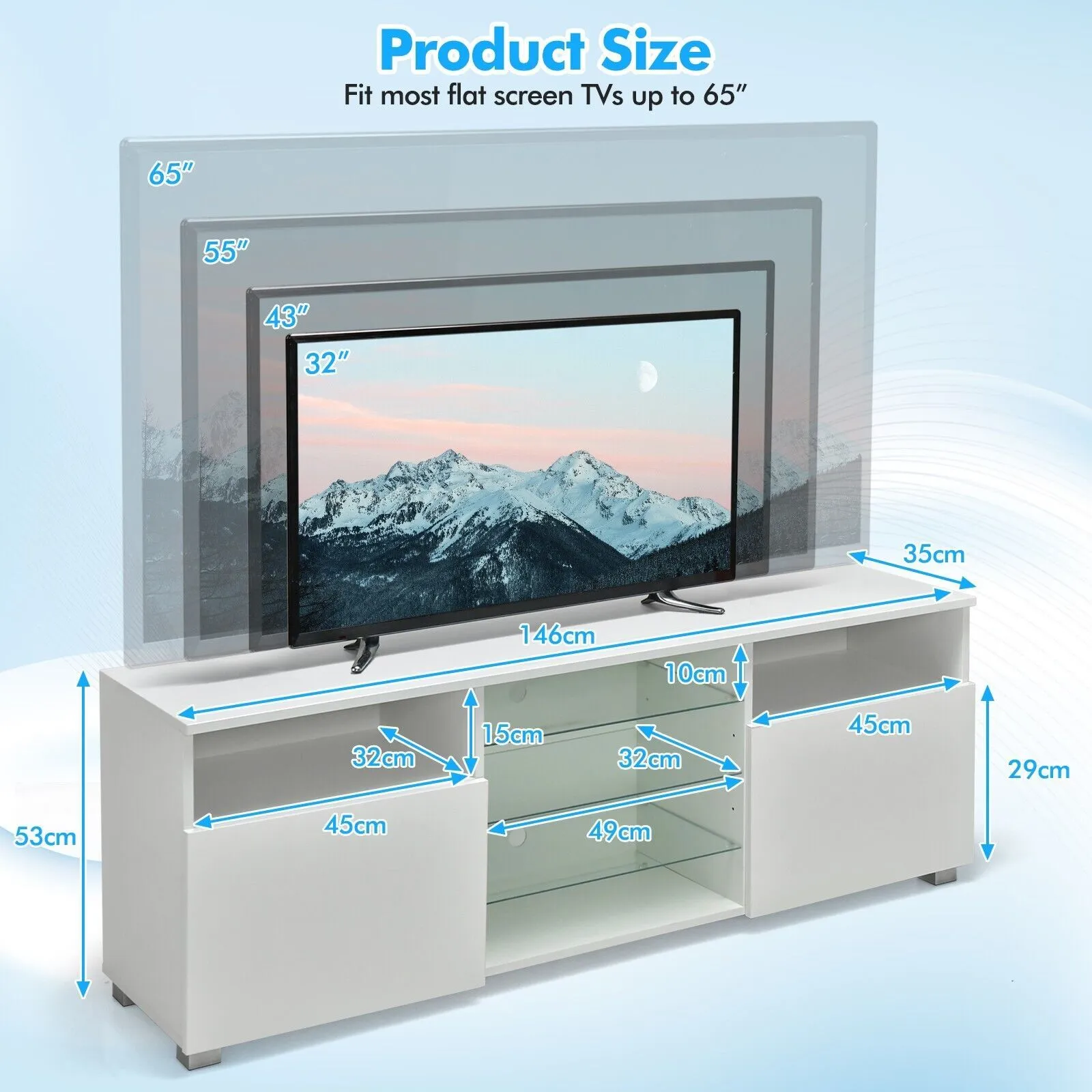 Costway 2Door TV Stand w/ LED Lights for TVs up to 65 inch Modern Entertainment Center in White 2