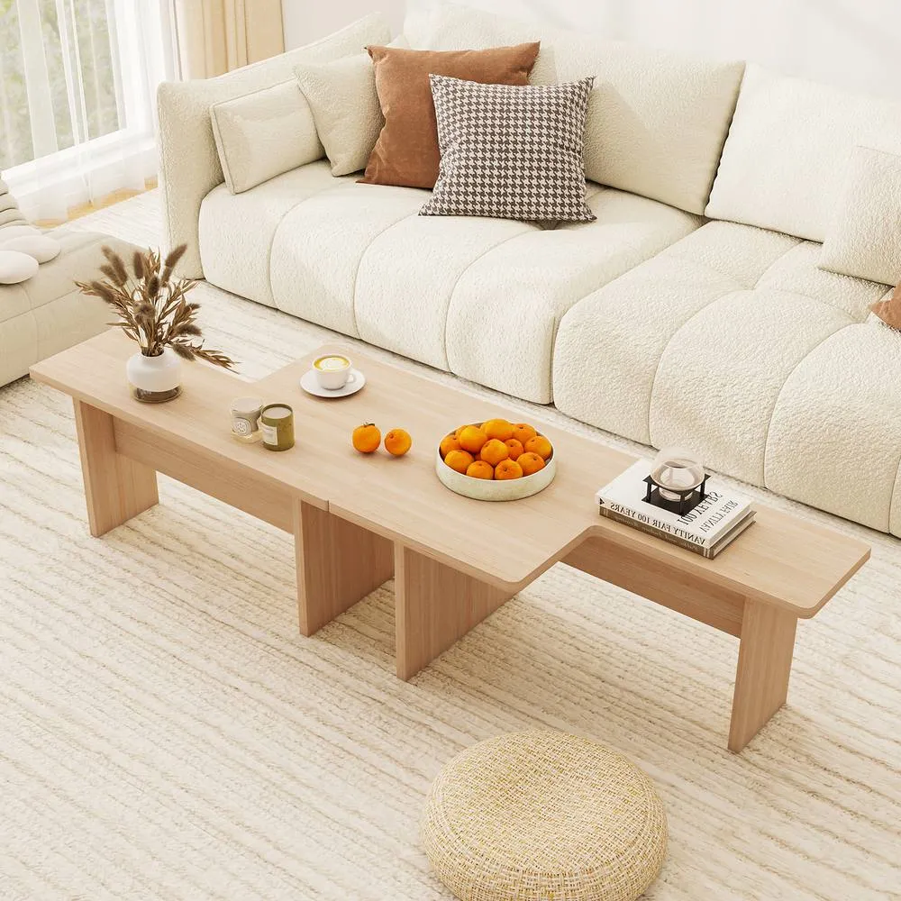 Costway 2PCS Modular Coffee Table Shaped Center Tables Wooden Side Table in Light Oak 6