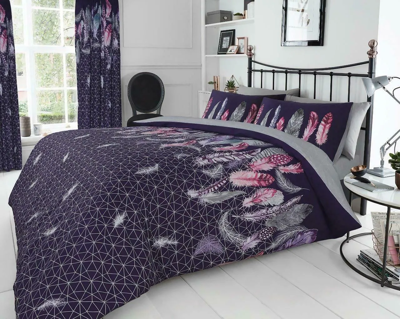 Smart Living Printed Polycotton Feathers Duvet Cover With Pillowcases in Purple 1