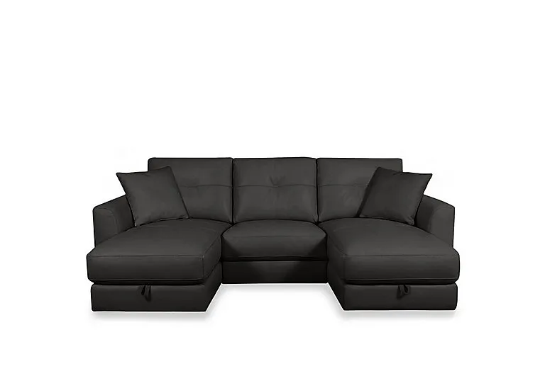 Nest Small NC Leather U-Shaped Corner Sofa with Double Storage Chaises - Black