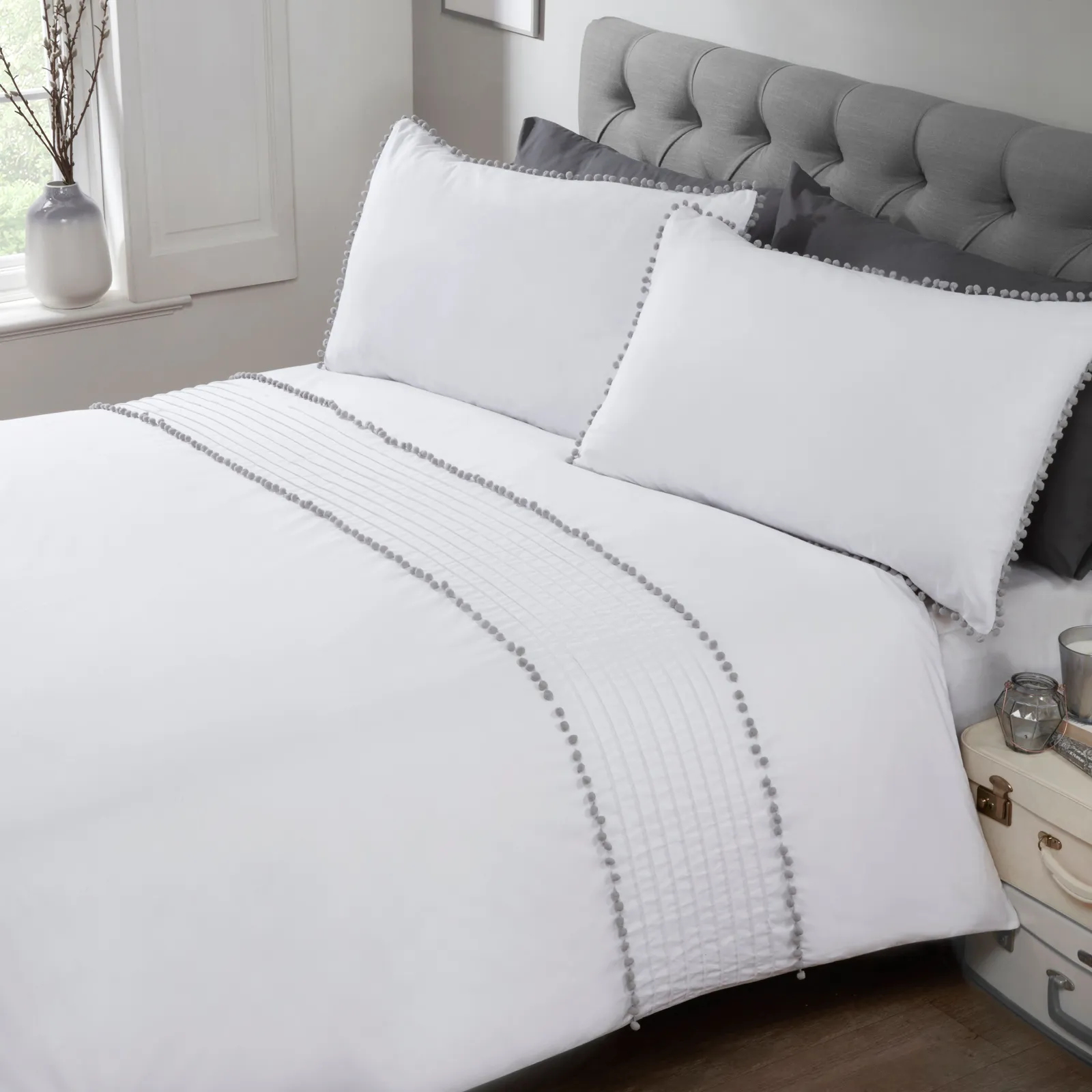 Rapport Home Pom Poms Polycotton Duvet Cover Set With Pillowcase in White