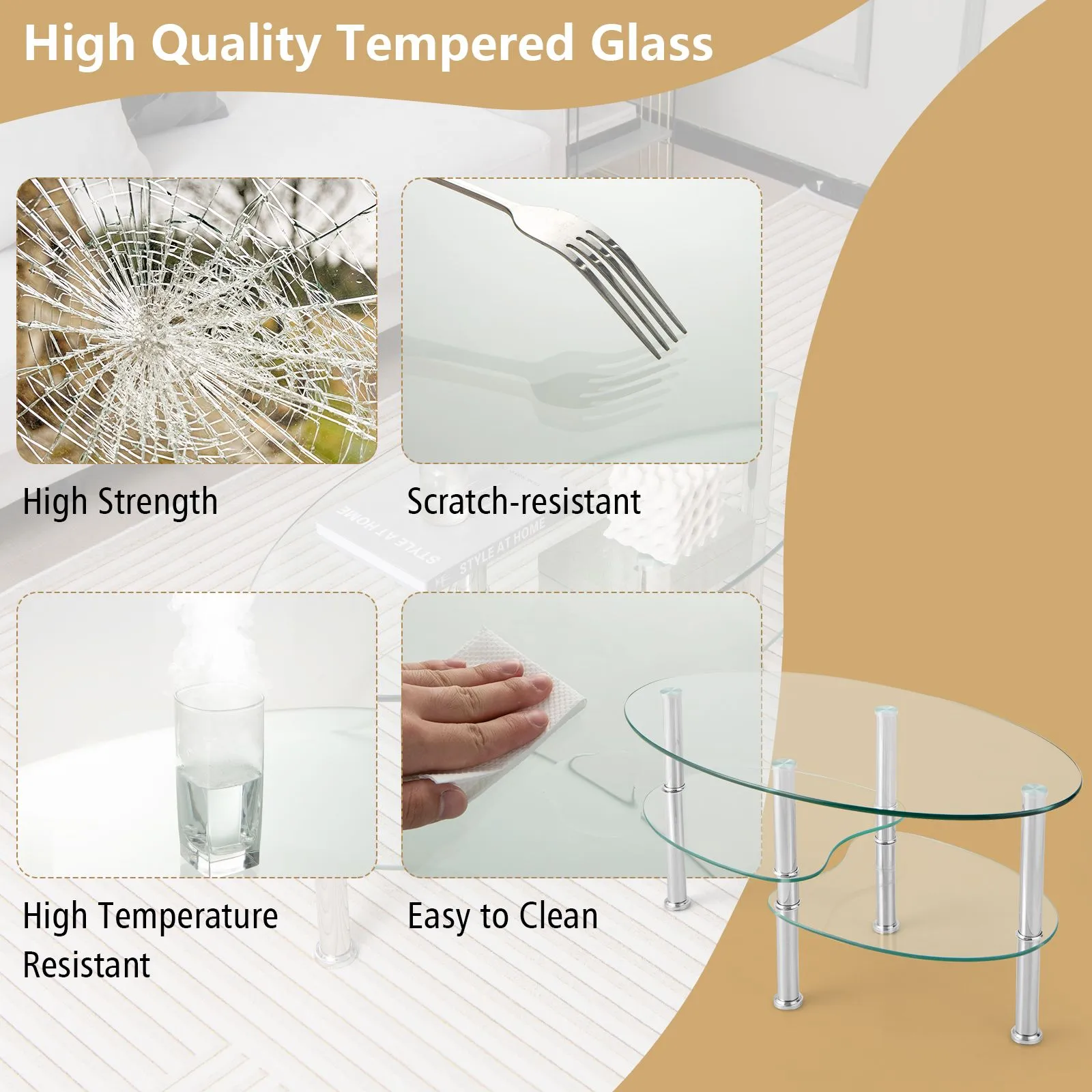 Costway 3-Tire Modern Oval Tea Table Smooth Glass Coffee Table Sofa End Side Table in Clear 3