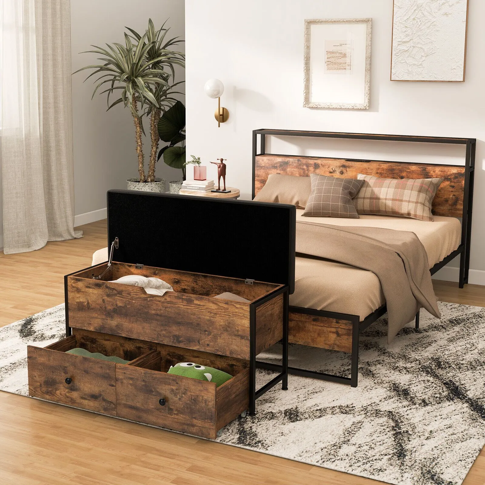 Costway Storage Ottoman Bench Flip Top Storage Chest with 2 Drawers Wooden Storage Bench in Brown 4