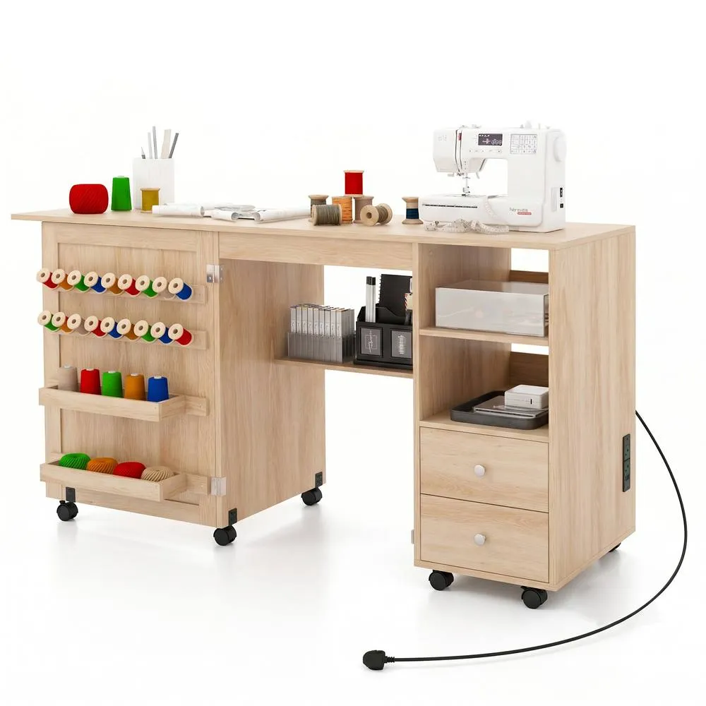 Costway Folding Sewing Table Sewing Machine Cart Table w/Charging Station in Natural