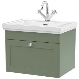 Classique Satin Green Wall Hung 1-Drawer Vanity & Basin 1 Tap Hole - 496 x 630mm