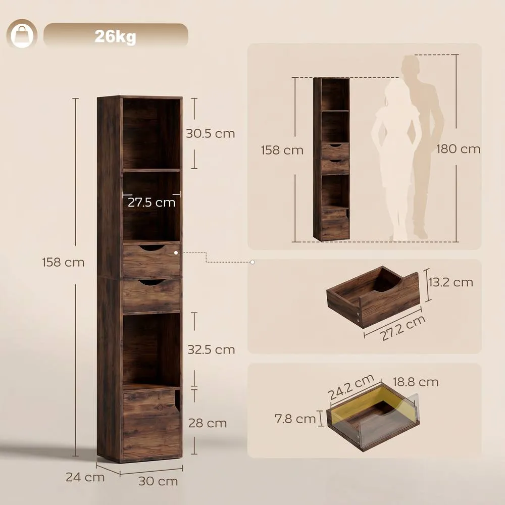 HOMCOM Bookcase with Drawers Adjustable Shelf 158 cm Rustic Brown in Dark Brown 3