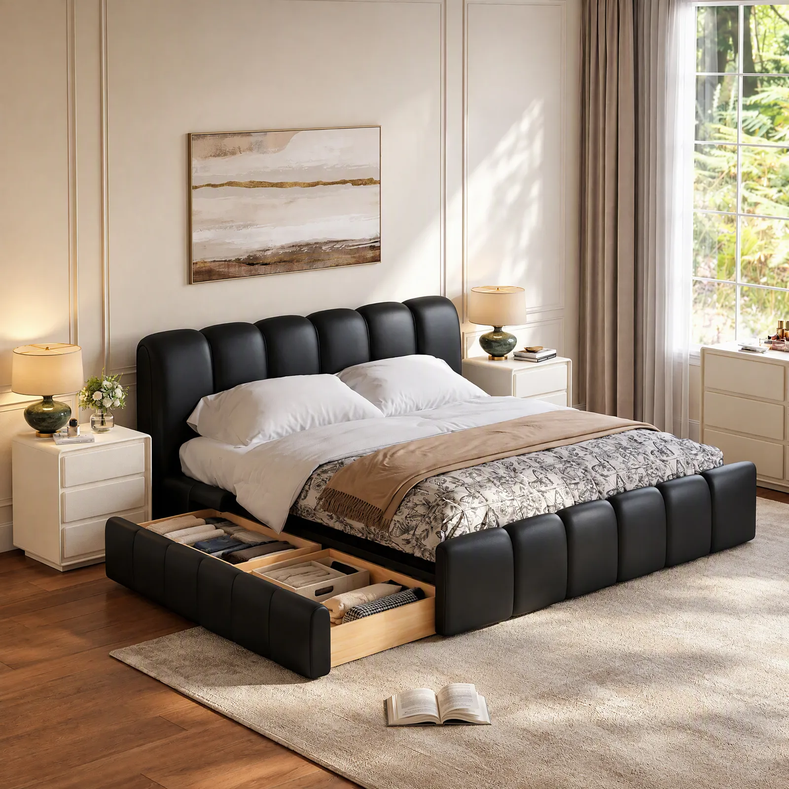 Humply Queen Black Faux Leather Storage Bed with Drawers
