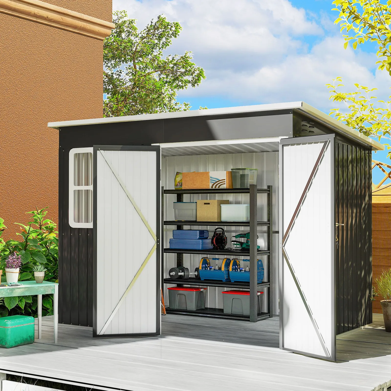OUTSUNNY 8.5 x 6ft Galvanised Steel Garden Shed with Foundation Kit, Grey in Dark Grey