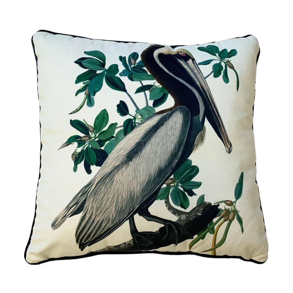 John James Audubon Brown Pelican Filled Cushion in White