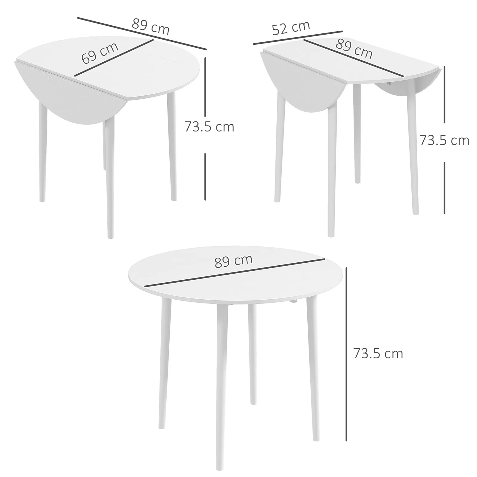 HOMCOM Folding Dining Table for 4, Round Drop Leaf Table, Modern Space Saving Small Kitchen Table with Wood Legs for Dining Room in White 3