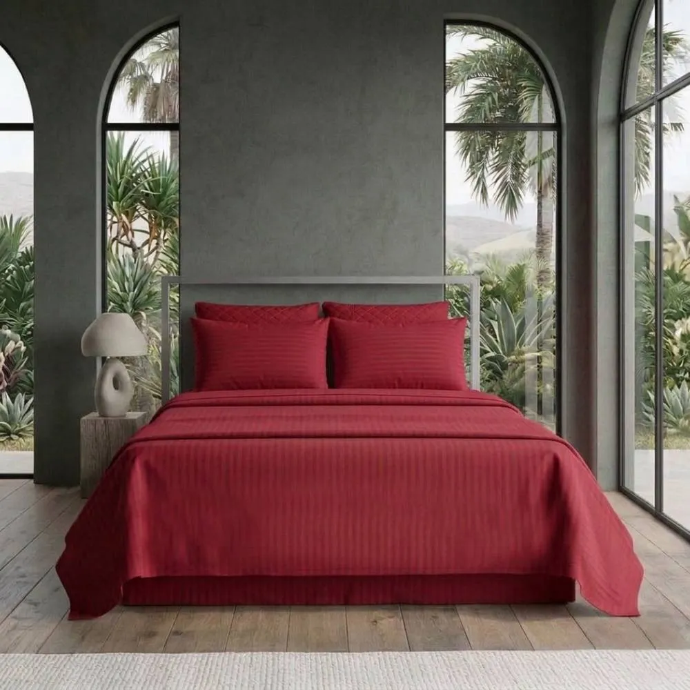 Snug City Luxury Satin Stripe T250 Cotton Rich Soft Flat Sheet Bed Linen in Red