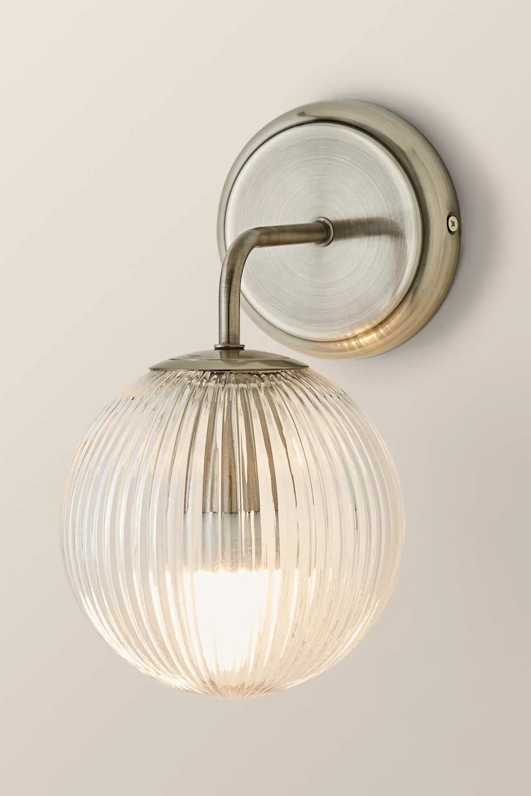 ValueLights Kempton Ribbed Glass Globe Shade Single Arm Wall Light with Bulb in Silver 3