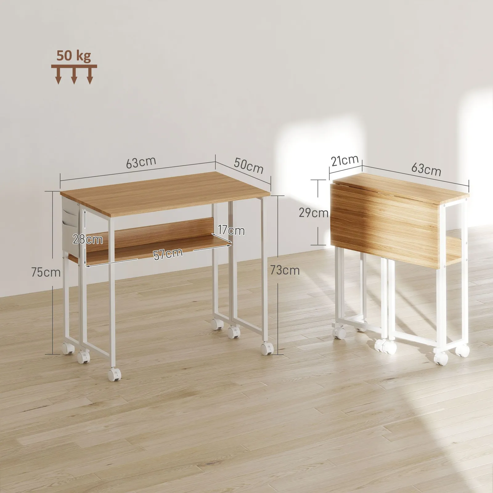 HOMCOM 63 cm Foldable Computer Desk on Wheels for Small Spaces Natural 3