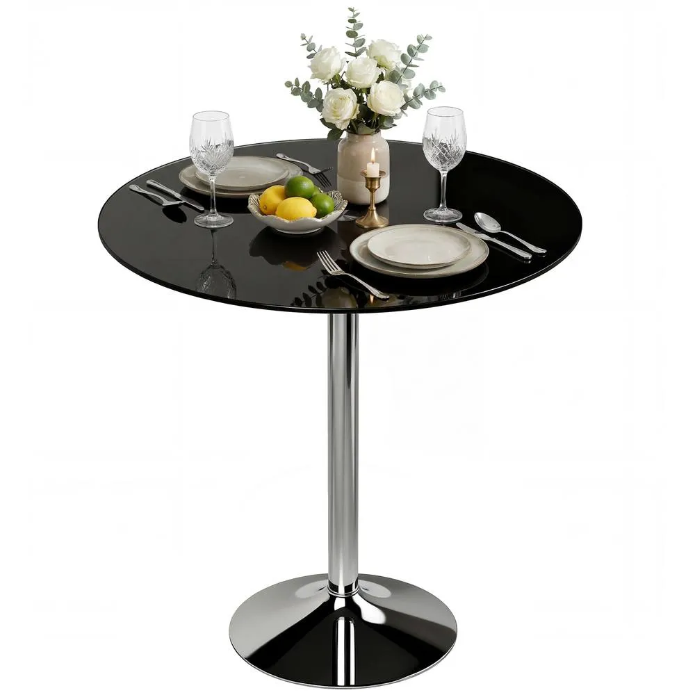 HOMCOM Round Bar Table, Dining Table with Tempered Glass Top & Steel Frame in Black 2