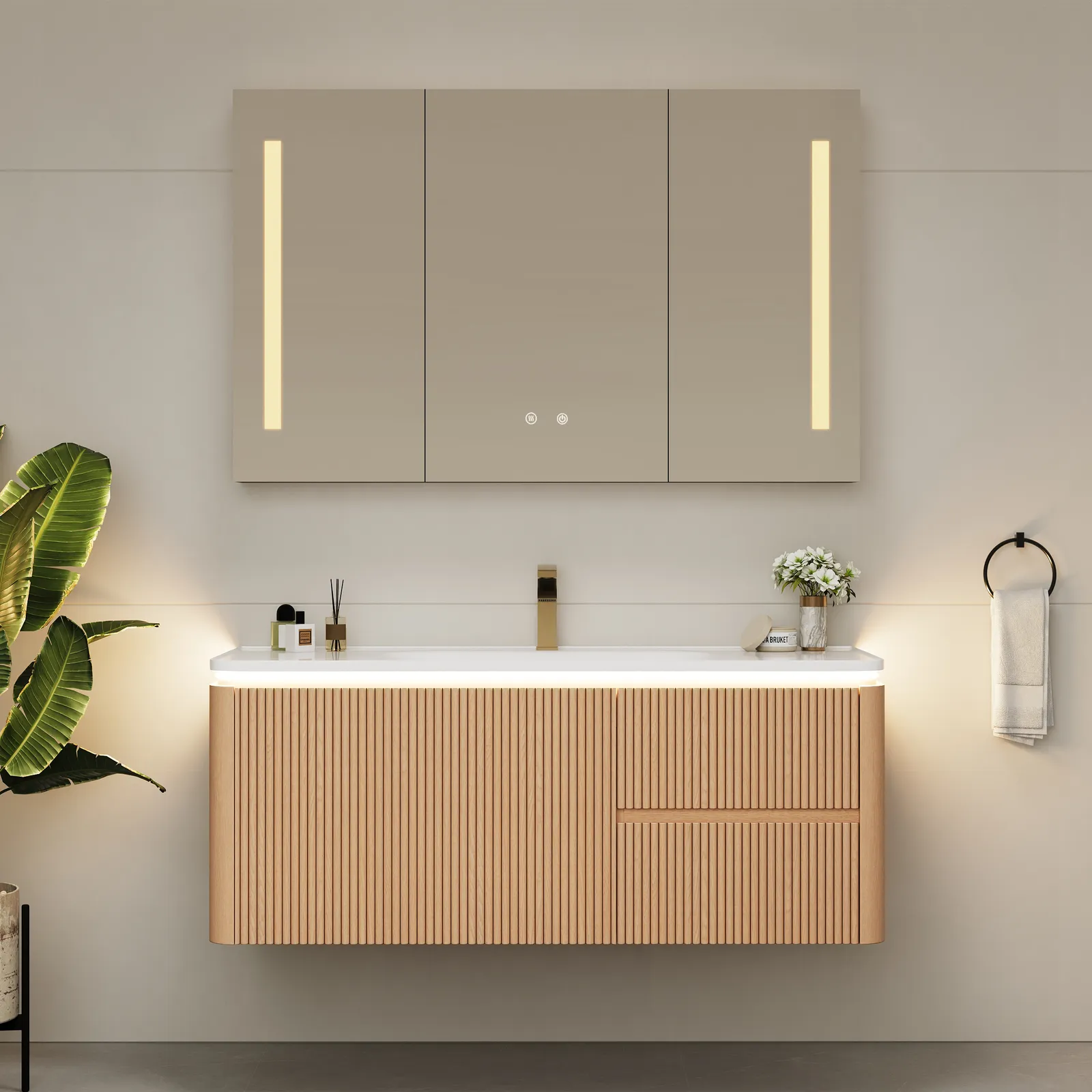 Modern 120 cm Floating Fluted Bathroom Vanity with Sink, Soft LED, Ample Storage