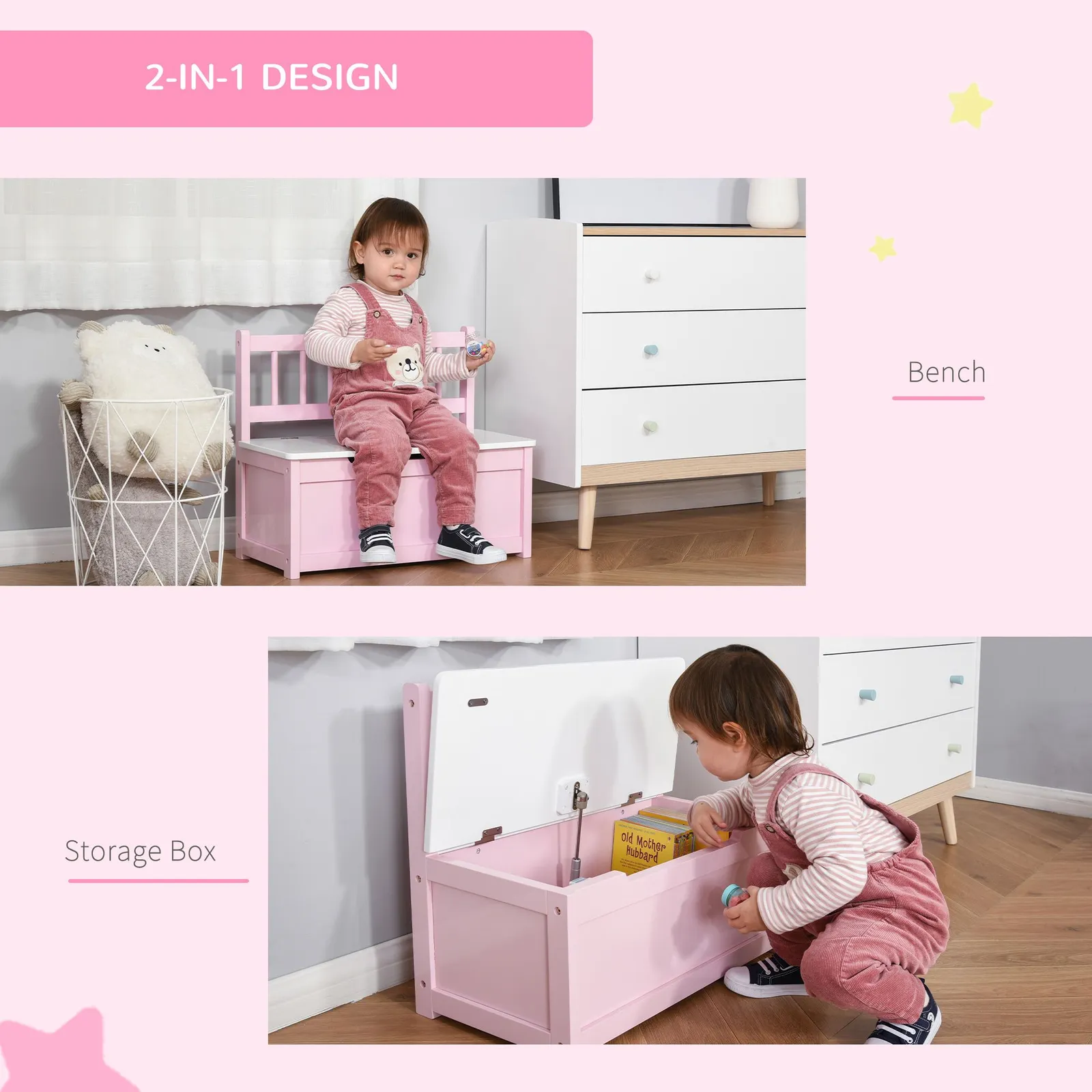 HOMCOM 2 In 1 Wooden Toy Box, Seat Bench Storage Chest w/ Pneumatic Rod in Pink 5
