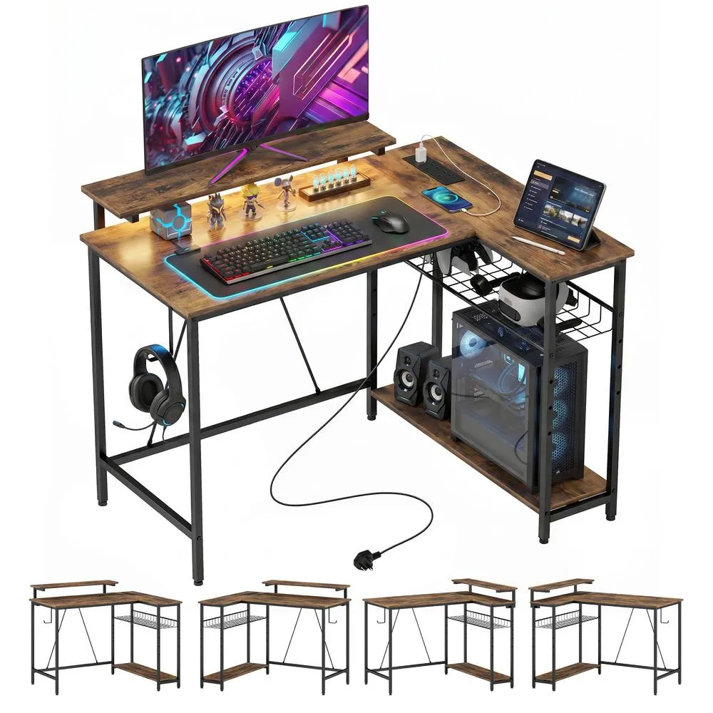 HOMCOM L Shaped Desk with LED Lights & Storage, Rustic Brown