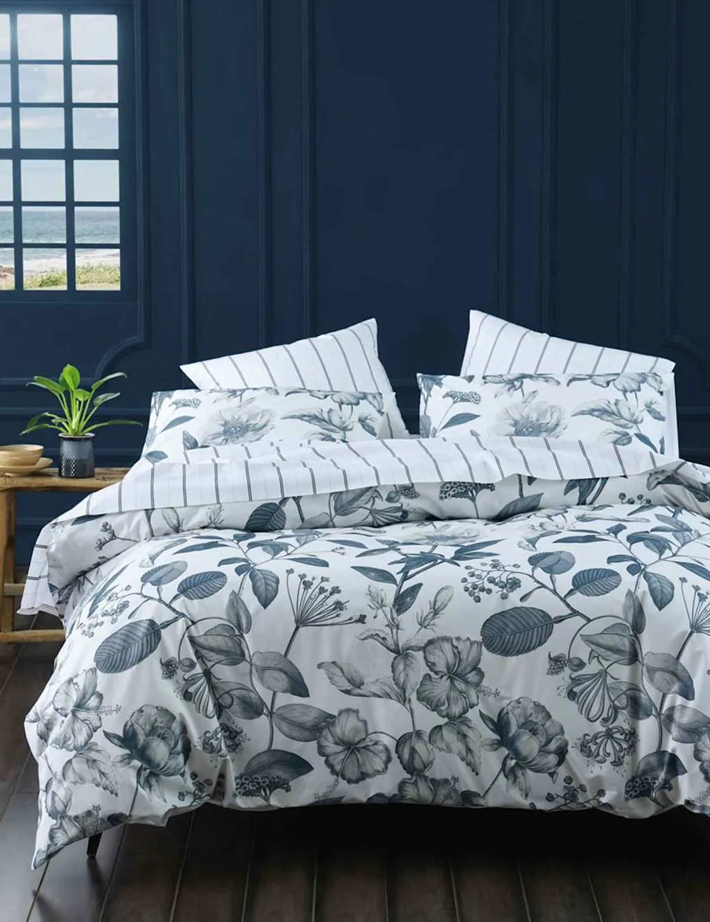 MM Linen Pure Cotton Botanical Bluestone Bedding Set White Mix