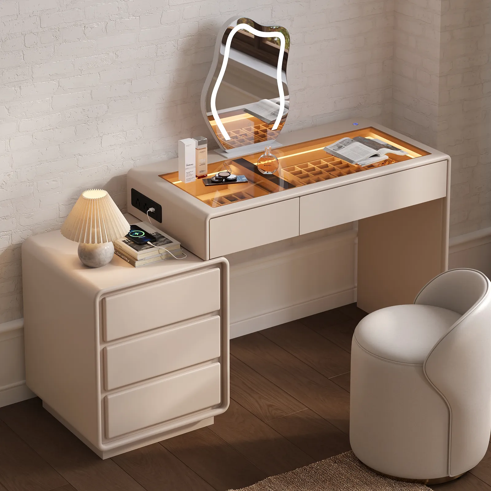 Haloa Extendable Makeup Vanity Set with LED Mirror and Jewelry Display (102 - 146 cm)