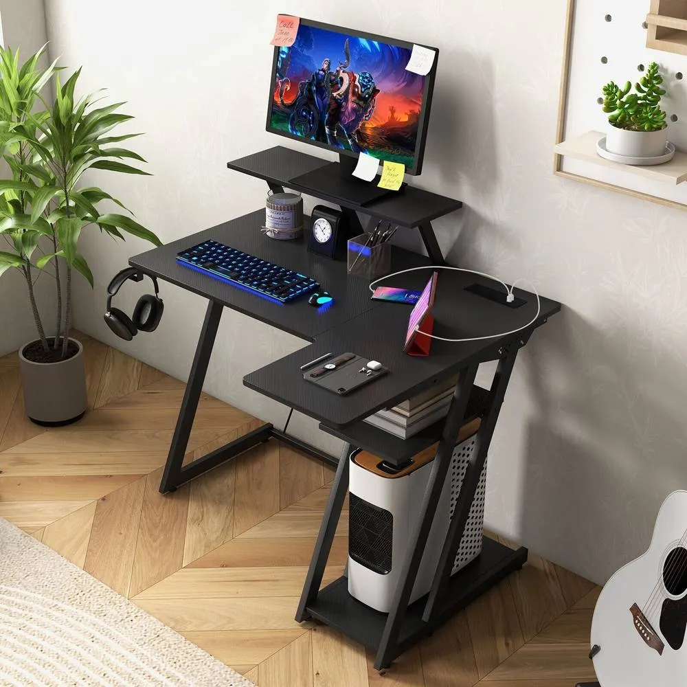 Costway L-Shaped Gaming Desk Small Computer Desk w/ Monitor Shelf & Outlets in Black 4