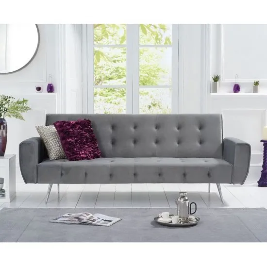Minter Velvet High Backrest Sofa Bed In Grey With Metal Legs