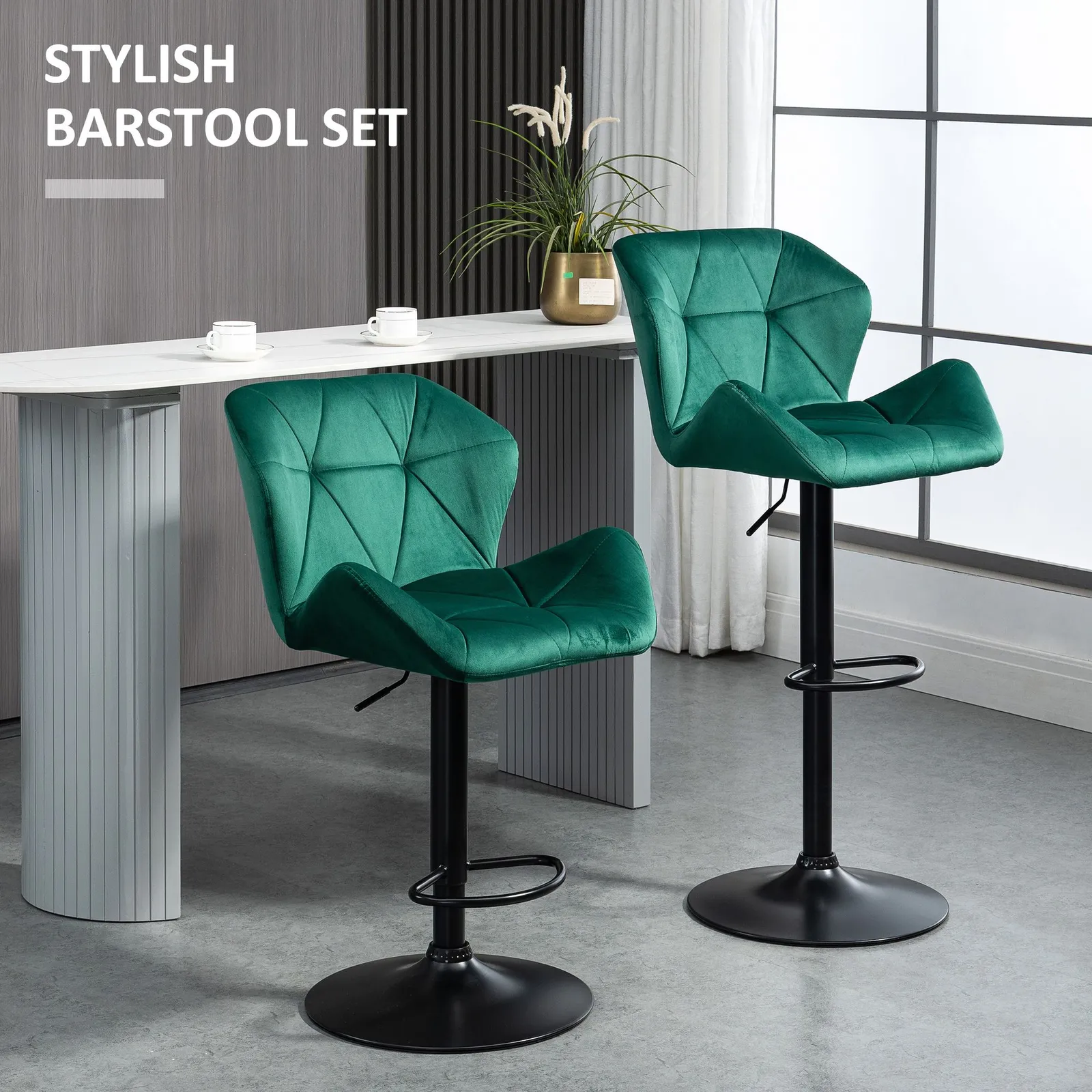 HOMCOM Of 2 Luxurious Velvet-Touch Bar Stools w/ Metal Frame Footrest Base in Green 4