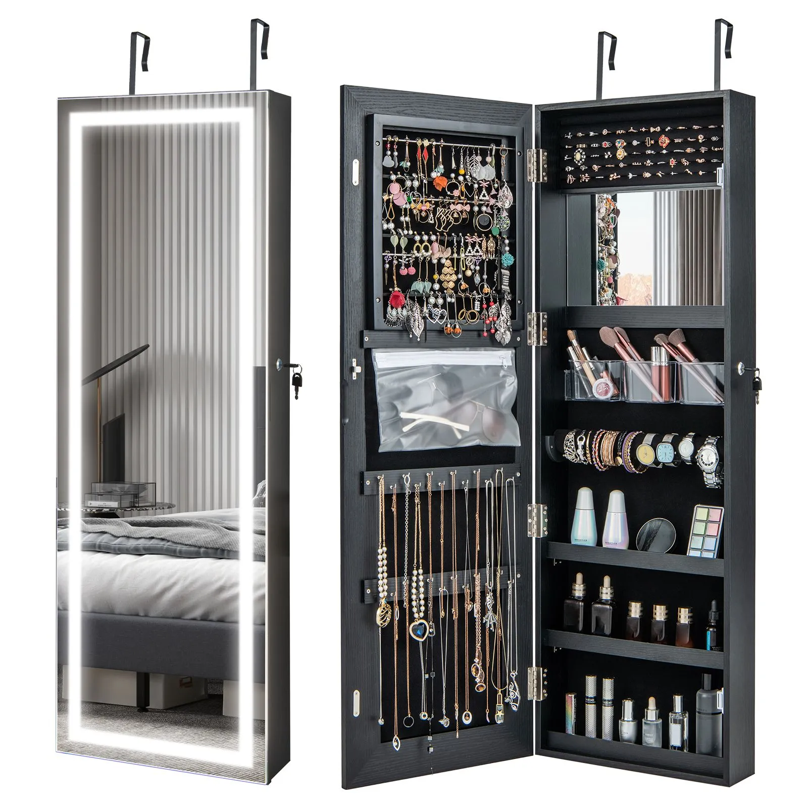 Costway 120cm Full Length Mirror Jewelry Cabinet Door Hanging/Wall Mounted Mirror with 3 Color Lights in Black