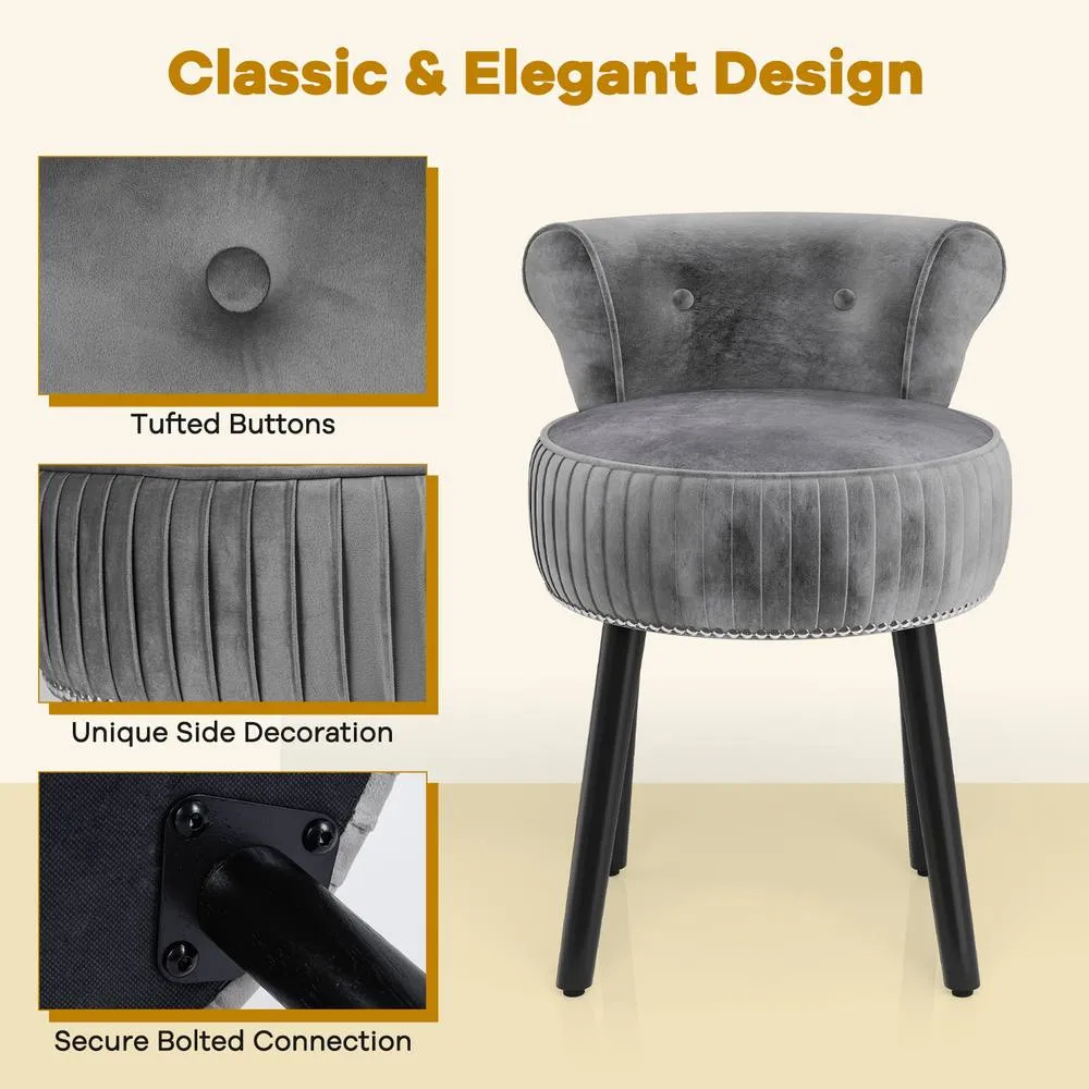 Costway Velvet Vanity Stool w/Tufted Back Upholstered Vanity Makeup Chair in Grey 6