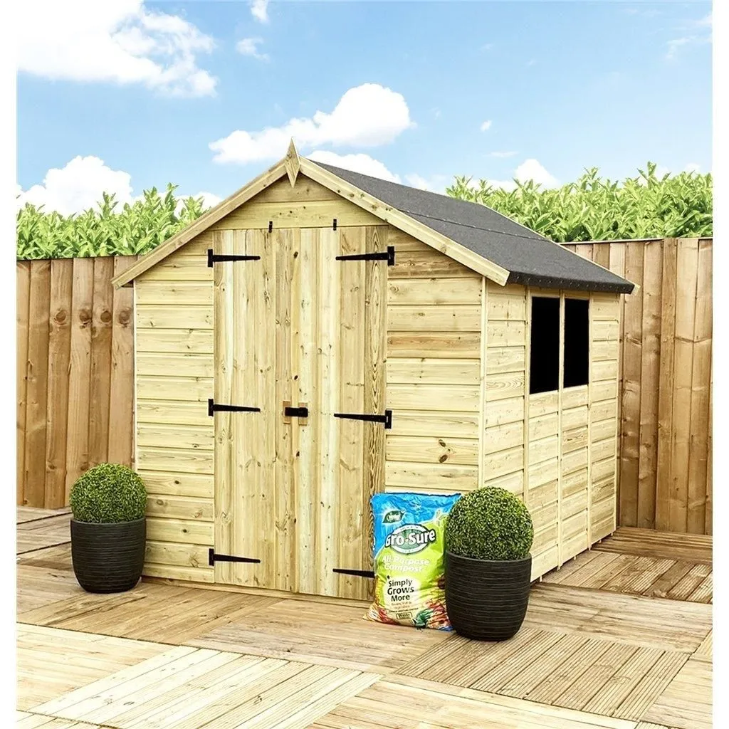Marlborough 8 x 8 Pressure Treated Low Eaves Apex Garden Shed with Double Door in Natural