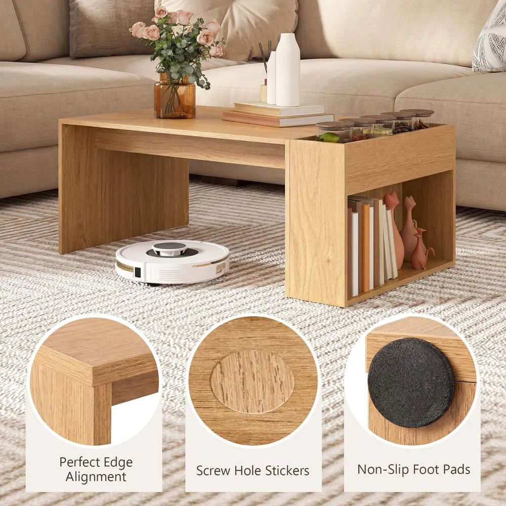 Costway Coffee Table 85cm Coffee Table with Double-Layer Storage Space in Tan 6