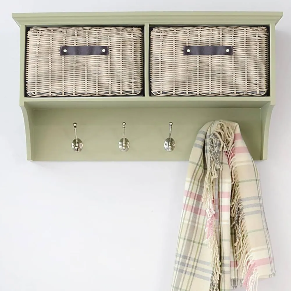 Statement Furniture Tetbury Coat Rack Hanging Shelf with 2 Brown Storage Baskets in Light Green