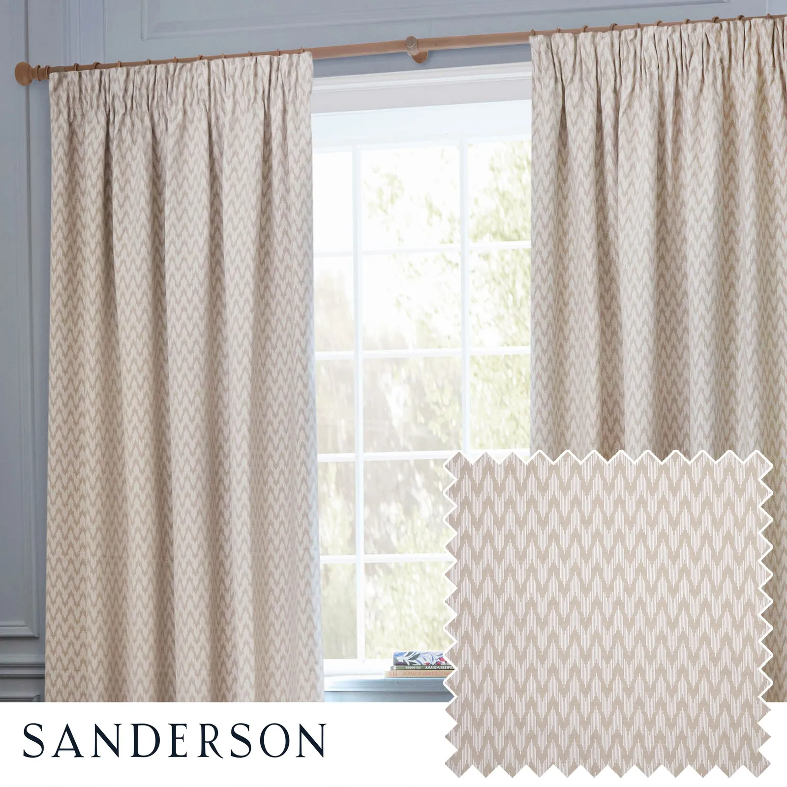 Sanderson Hutton Jacquard Room Darkening Pencil Pleat Curtains in Beige 1
