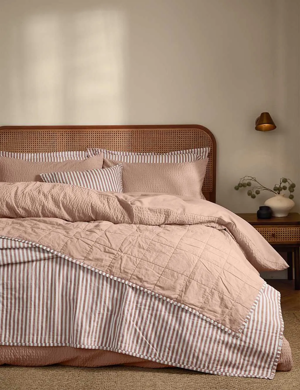 YARD Hebden Washed Striped Quilted Bedspread Light Pink