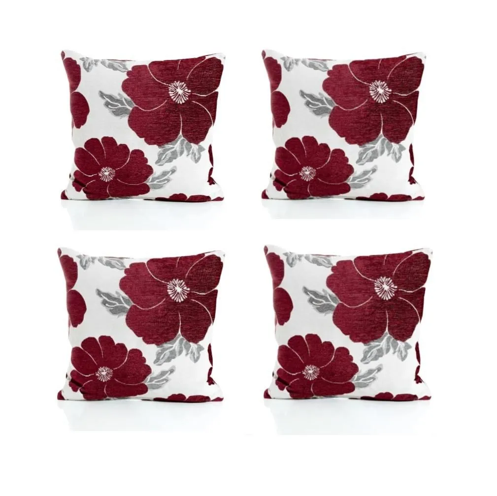 Luxury Living Poppy Chenille Cushions Set of 4 - Luxurious Floral Design, Thick Jacquard Fabric, Easy-Care with Wide Zip