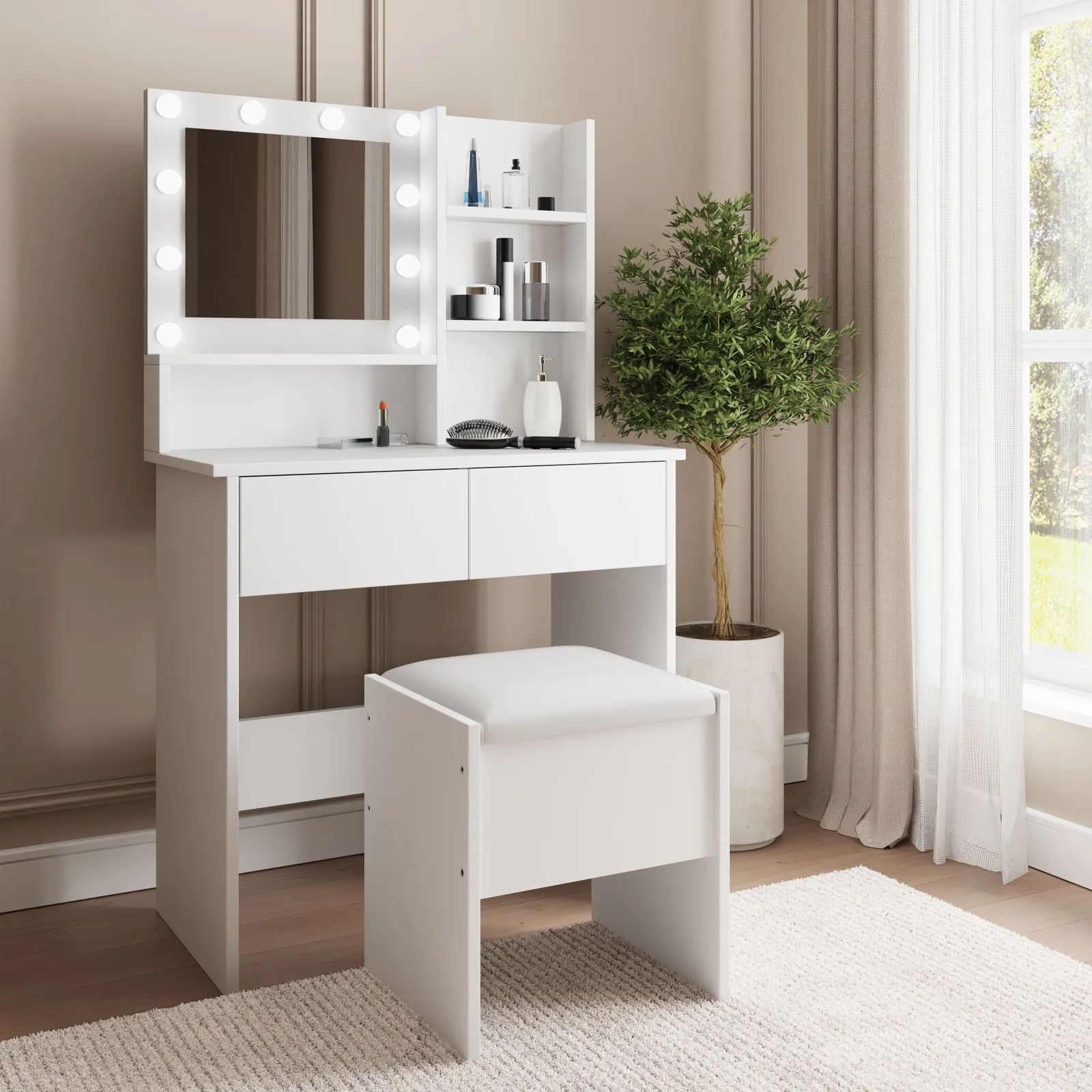 GFW Eva LED Dressing Table Set in White 2