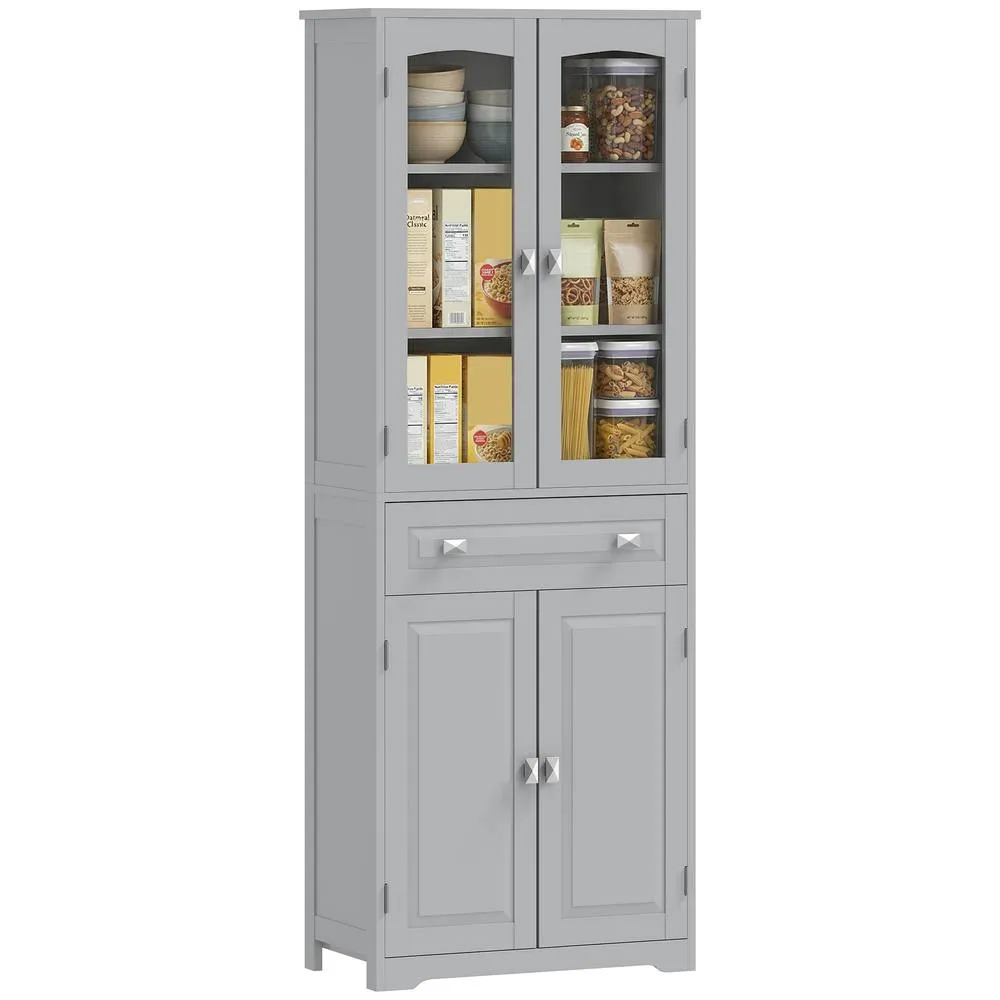 HOMCOM Kitchen Cupboard Storage Cabinet Adjustable Shelves, Glass Door, Grey 2