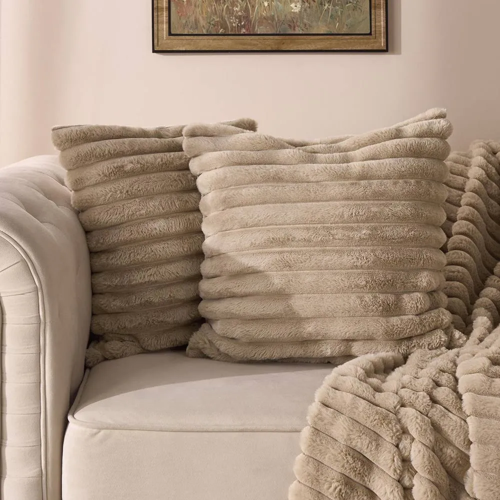 OHS 2 x Faux Fur Thick Rib Cushion Covers in Light Brown