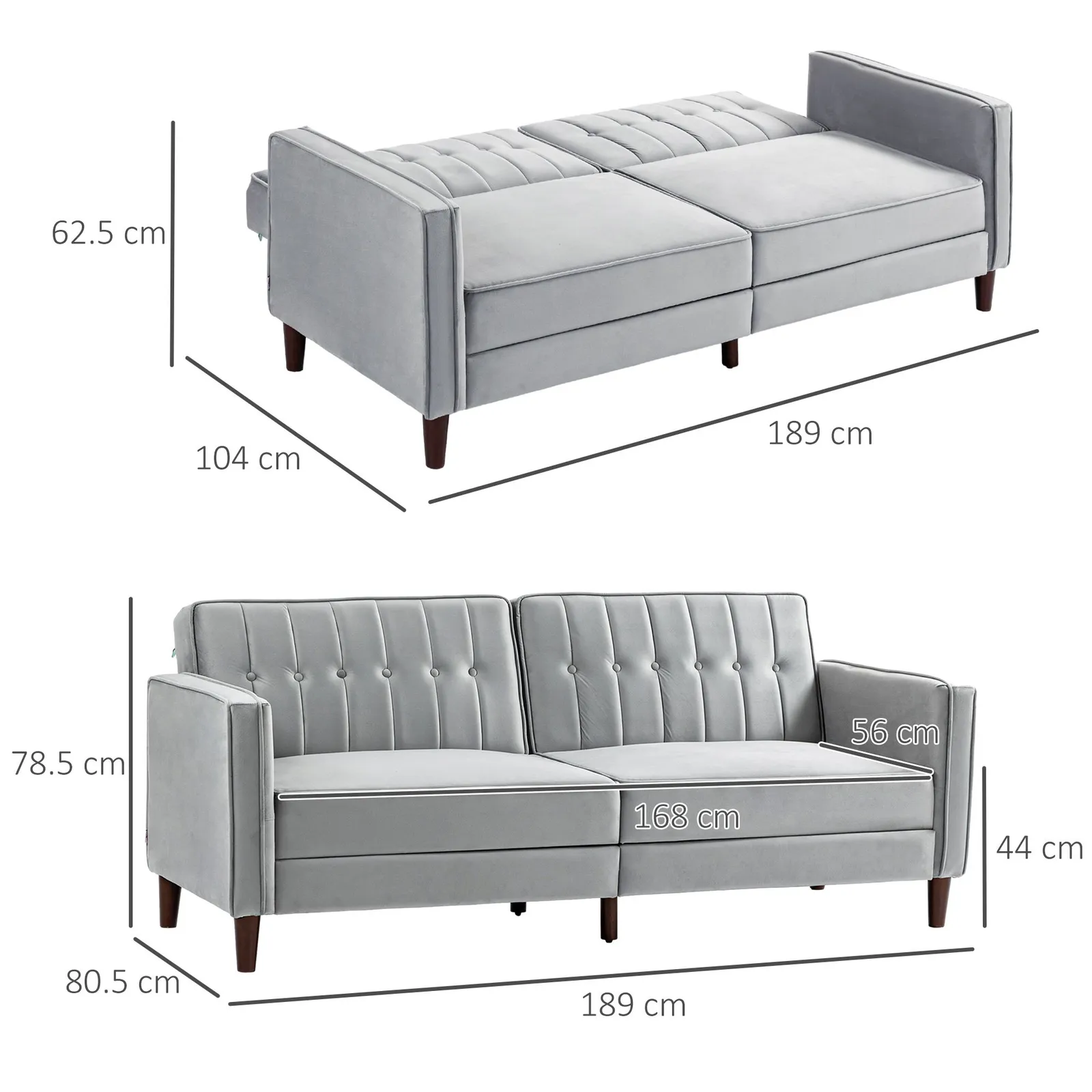 HOMCOM Convertible Sofa Futon Velvet-Touch Tufted Couch Sofa Bed Split Back in Light Grey 3